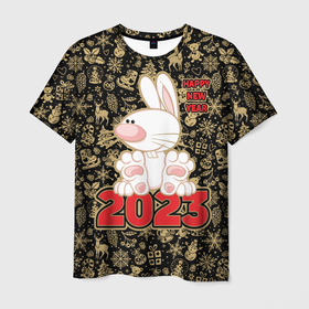 Мужская футболка 3D с принтом Happy New Year, кролик сидит на цифрах 2023 , 100% полиэфир | прямой крой, круглый вырез горловины, длина до линии бедер | 