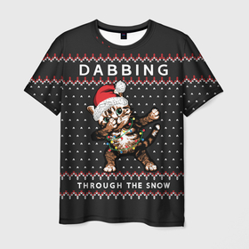 Мужская футболка 3D с принтом Dabbing, through the snow, cat , 100% полиэфир | прямой крой, круглый вырез горловины, длина до линии бедер | 