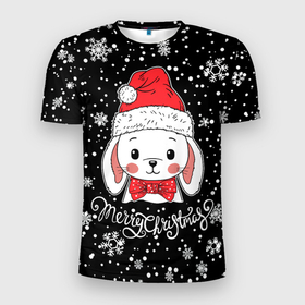 Мужская футболка 3D Slim с принтом Merry Christmas, cute rabbit в Белгороде, 100% полиэстер с улучшенными характеристиками | приталенный силуэт, круглая горловина, широкие плечи, сужается к линии бедра | 