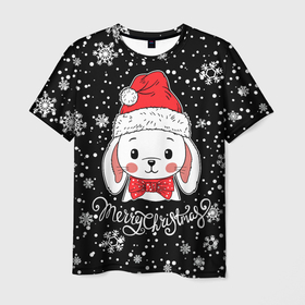 Мужская футболка 3D с принтом Merry Christmas, cute rabbit в Екатеринбурге, 100% полиэфир | прямой крой, круглый вырез горловины, длина до линии бедер | 
