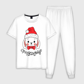 Мужская пижама хлопок с принтом Merry Christmas, cute rabbit in Santa hat в Петрозаводске, 100% хлопок | брюки и футболка прямого кроя, без карманов, на брюках мягкая резинка на поясе и по низу штанин
 | 