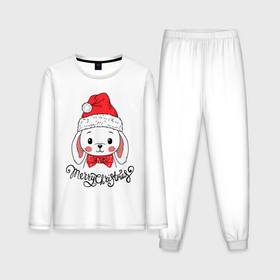 Мужская пижама хлопок (с лонгсливом) с принтом Merry Christmas, cute rabbit in Santa hat в Курске,  |  | 