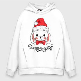 Мужское худи Oversize хлопок с принтом Merry Christmas, cute rabbit in Santa hat в Новосибирске, френч-терри — 70% хлопок, 30% полиэстер. Мягкий теплый начес внутри —100% хлопок | боковые карманы, эластичные манжеты и нижняя кромка, капюшон на магнитной кнопке | 