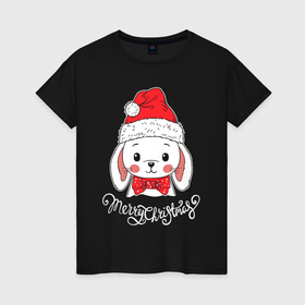 Женская футболка хлопок с принтом Merry Christmas, little rabbit в Екатеринбурге, 100% хлопок | прямой крой, круглый вырез горловины, длина до линии бедер, слегка спущенное плечо | 