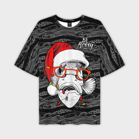 Мужская футболка OVERSIZE 3D с принтом Be merry, fish, Santa Claus в Кировске,  |  | Тематика изображения на принте: 