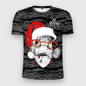 Мужская футболка 3D Slim с принтом Be merry, fish, Santa Claus в Кировске, 100% полиэстер с улучшенными характеристиками | приталенный силуэт, круглая горловина, широкие плечи, сужается к линии бедра | 