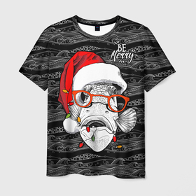 Мужская футболка 3D с принтом Be merry, fish, Santa Claus в Санкт-Петербурге, 100% полиэфир | прямой крой, круглый вырез горловины, длина до линии бедер | 