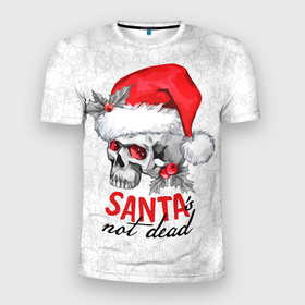 Мужская футболка 3D Slim с принтом Santa is not dead, skull in red hat в Новосибирске, 100% полиэстер с улучшенными характеристиками | приталенный силуэт, круглая горловина, широкие плечи, сужается к линии бедра | Тематика изображения на принте: 