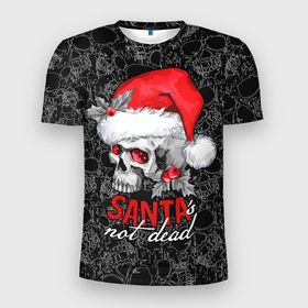 Мужская футболка 3D Slim с принтом Skull in red hat, Santa is not dead в Тюмени, 100% полиэстер с улучшенными характеристиками | приталенный силуэт, круглая горловина, широкие плечи, сужается к линии бедра | Тематика изображения на принте: 