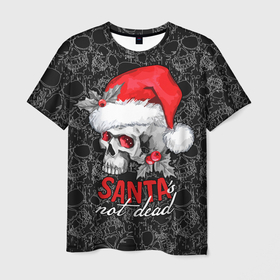 Мужская футболка 3D с принтом Skull in red hat, Santa is not dead в Тюмени, 100% полиэфир | прямой крой, круглый вырез горловины, длина до линии бедер | Тематика изображения на принте: 