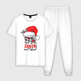 Мужская пижама хлопок с принтом Santa is not dead, skull in red hat, holly в Новосибирске, 100% хлопок | брюки и футболка прямого кроя, без карманов, на брюках мягкая резинка на поясе и по низу штанин
 | Тематика изображения на принте: 