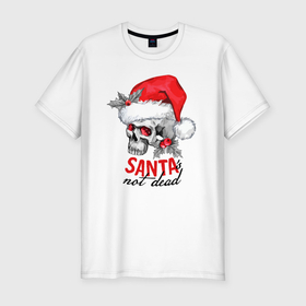 Мужская футболка хлопок Slim с принтом Santa is not dead, skull in red hat, holly в Санкт-Петербурге, 92% хлопок, 8% лайкра | приталенный силуэт, круглый вырез ворота, длина до линии бедра, короткий рукав | Тематика изображения на принте: 