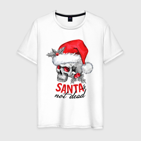 Мужская футболка хлопок с принтом Santa is not dead, skull in red hat, holly в Тюмени, 100% хлопок | прямой крой, круглый вырез горловины, длина до линии бедер, слегка спущенное плечо. | Тематика изображения на принте: 