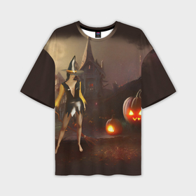 Мужская футболка OVERSIZE 3D с принтом Ведьма с метлой и тремя тыквами возле старого дома с привидениями в Кировске,  |  | 