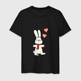 Мужская футболка хлопок с принтом Кролик с сердечками в Петрозаводске, 100% хлопок | прямой крой, круглый вырез горловины, длина до линии бедер, слегка спущенное плечо. | 