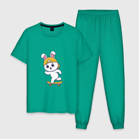 Мужская пижама хлопок с принтом Кролик на скейте в Кировске, 100% хлопок | брюки и футболка прямого кроя, без карманов, на брюках мягкая резинка на поясе и по низу штанин
 | 