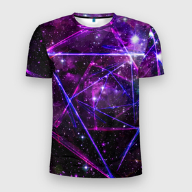 Мужская футболка 3D Slim с принтом Triangle space   Neon   Geometry в Екатеринбурге, 100% полиэстер с улучшенными характеристиками | приталенный силуэт, круглая горловина, широкие плечи, сужается к линии бедра | 