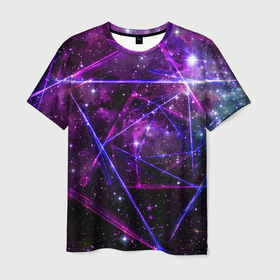 Мужская футболка 3D с принтом Triangle space   Neon   Geometry , 100% полиэфир | прямой крой, круглый вырез горловины, длина до линии бедер | 