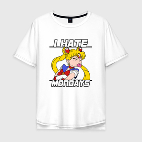 Мужская футболка хлопок Oversize с принтом Ненавижу понедельник Бани Цукино в Тюмени, 100% хлопок | свободный крой, круглый ворот, “спинка” длиннее передней части | 