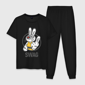 Мужская пижама хлопок с принтом SWAG Bad rabbit   Merry Christmas в Новосибирске, 100% хлопок | брюки и футболка прямого кроя, без карманов, на брюках мягкая резинка на поясе и по низу штанин
 | Тематика изображения на принте: 