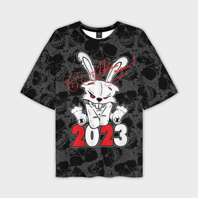 Мужская футболка OVERSIZE 3D с принтом С Новым годом 2023 Злой кролик в Белгороде,  |  | 