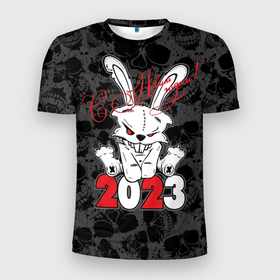 Мужская футболка 3D Slim с принтом С Новым годом 2023 Злой кролик в Тюмени, 100% полиэстер с улучшенными характеристиками | приталенный силуэт, круглая горловина, широкие плечи, сужается к линии бедра | 