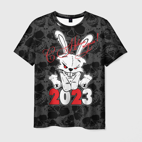 Мужская футболка 3D с принтом С Новым годом 2023 Злой кролик в Екатеринбурге, 100% полиэфир | прямой крой, круглый вырез горловины, длина до линии бедер | 