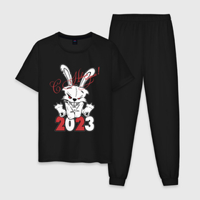 Мужская пижама хлопок с принтом С Новым годом Злой кролик 2023 в Тюмени, 100% хлопок | брюки и футболка прямого кроя, без карманов, на брюках мягкая резинка на поясе и по низу штанин
 | 