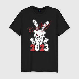 Мужская футболка хлопок Slim с принтом С Новым годом Злой кролик 2023 в Тюмени, 92% хлопок, 8% лайкра | приталенный силуэт, круглый вырез ворота, длина до линии бедра, короткий рукав | 