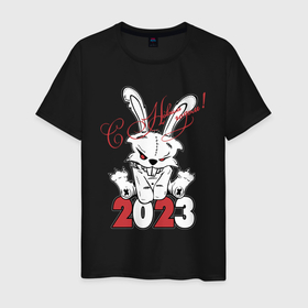 Мужская футболка хлопок с принтом С Новым годом Злой кролик 2023 в Санкт-Петербурге, 100% хлопок | прямой крой, круглый вырез горловины, длина до линии бедер, слегка спущенное плечо. | 