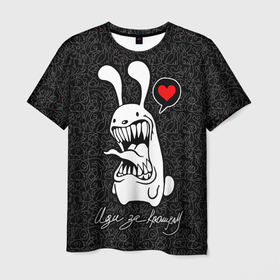 Мужская футболка 3D с принтом Иди за кроликом, зубастый кролик в Петрозаводске, 100% полиэфир | прямой крой, круглый вырез горловины, длина до линии бедер | 