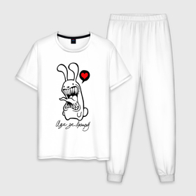 Мужская пижама хлопок с принтом Иди за кроликом, зубастый белый кролик в Петрозаводске, 100% хлопок | брюки и футболка прямого кроя, без карманов, на брюках мягкая резинка на поясе и по низу штанин
 | 