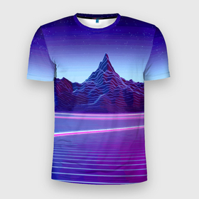 Мужская футболка 3D Slim с принтом Neon mountains   Vaporwave , 100% полиэстер с улучшенными характеристиками | приталенный силуэт, круглая горловина, широкие плечи, сужается к линии бедра | Тематика изображения на принте: 