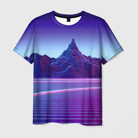 Мужская футболка 3D с принтом Neon mountains   Vaporwave в Екатеринбурге, 100% полиэфир | прямой крой, круглый вырез горловины, длина до линии бедер | 