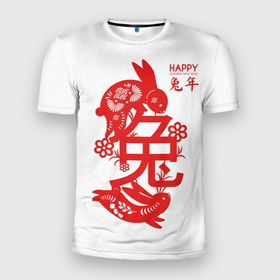 Мужская футболка 3D Slim с принтом Red rabbits   happy chinese New Year в Белгороде, 100% полиэстер с улучшенными характеристиками | приталенный силуэт, круглая горловина, широкие плечи, сужается к линии бедра | 