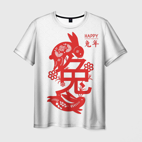 Мужская футболка 3D с принтом Red rabbits   happy chinese New Year в Курске, 100% полиэфир | прямой крой, круглый вырез горловины, длина до линии бедер | 