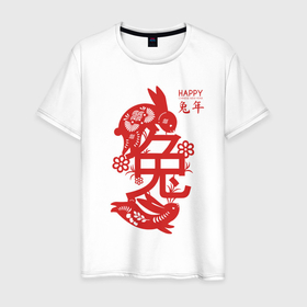 Мужская футболка хлопок с принтом Happy chinese new year, red rabbit в Тюмени, 100% хлопок | прямой крой, круглый вырез горловины, длина до линии бедер, слегка спущенное плечо. | 