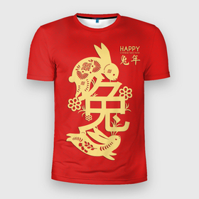 Мужская футболка 3D Slim с принтом Red rabbits, happy chinese new year в Белгороде, 100% полиэстер с улучшенными характеристиками | приталенный силуэт, круглая горловина, широкие плечи, сужается к линии бедра | 