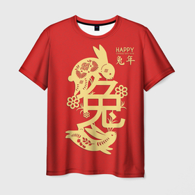 Мужская футболка 3D с принтом Red rabbits, happy chinese new year , 100% полиэфир | прямой крой, круглый вырез горловины, длина до линии бедер | Тематика изображения на принте: 