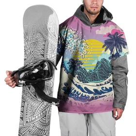 Накидка на куртку 3D с принтом Штормовые океанские волны и пальмы , 100% полиэстер |  | Тематика изображения на принте: 