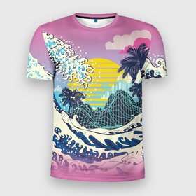 Мужская футболка 3D Slim с принтом Штормовые океанские волны и пальмы в Кировске, 100% полиэстер с улучшенными характеристиками | приталенный силуэт, круглая горловина, широкие плечи, сужается к линии бедра | 