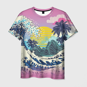 Мужская футболка 3D с принтом Штормовые океанские волны и пальмы в Новосибирске, 100% полиэфир | прямой крой, круглый вырез горловины, длина до линии бедер | 