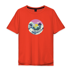Мужская футболка хлопок Oversize с принтом Большая волна и пальмы в Санкт-Петербурге, 100% хлопок | свободный крой, круглый ворот, “спинка” длиннее передней части | 