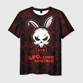 Мужская футболка 3D с принтом Бро, хэппи кристмас, адский кролик в Новосибирске, 100% полиэфир | прямой крой, круглый вырез горловины, длина до линии бедер | 
