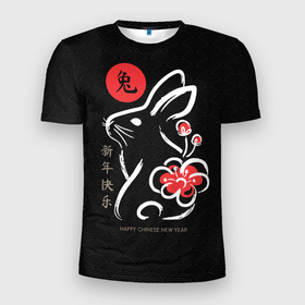 Мужская футболка 3D Slim с принтом Rabbit with flower, chinese new year в Белгороде, 100% полиэстер с улучшенными характеристиками | приталенный силуэт, круглая горловина, широкие плечи, сужается к линии бедра | 
