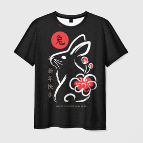 Мужская футболка 3D с принтом Rabbit with flower, chinese new year в Екатеринбурге, 100% полиэфир | прямой крой, круглый вырез горловины, длина до линии бедер | Тематика изображения на принте: 