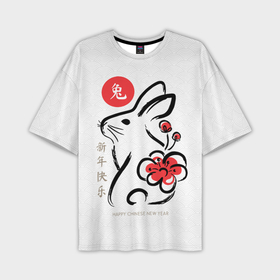 Мужская футболка OVERSIZE 3D с принтом Rabbit with flower   chinese new year в Екатеринбурге,  |  | Тематика изображения на принте: 