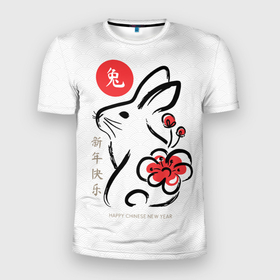 Мужская футболка 3D Slim с принтом Rabbit with flower   chinese new year в Белгороде, 100% полиэстер с улучшенными характеристиками | приталенный силуэт, круглая горловина, широкие плечи, сужается к линии бедра | 