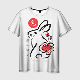 Мужская футболка 3D с принтом Rabbit with flower   chinese new year в Екатеринбурге, 100% полиэфир | прямой крой, круглый вырез горловины, длина до линии бедер | Тематика изображения на принте: 