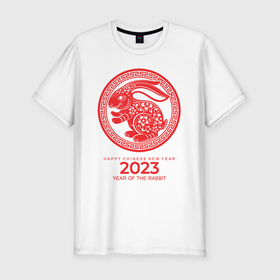 Мужская футболка хлопок Slim с принтом Year of the rabbit   2023, happy chinese New Year в Белгороде, 92% хлопок, 8% лайкра | приталенный силуэт, круглый вырез ворота, длина до линии бедра, короткий рукав | Тематика изображения на принте: 